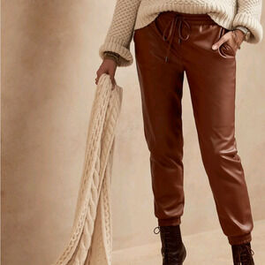 Banana Republic Vegan Leather Jogger Pants Cognac Drawstring Size XXL NWT